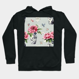 Peonies in chinoiserie jars on duck egg background Hoodie